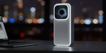 Sleek 2025 personal air purifier on a desk with city lights, symbolizing portable clean air technology.