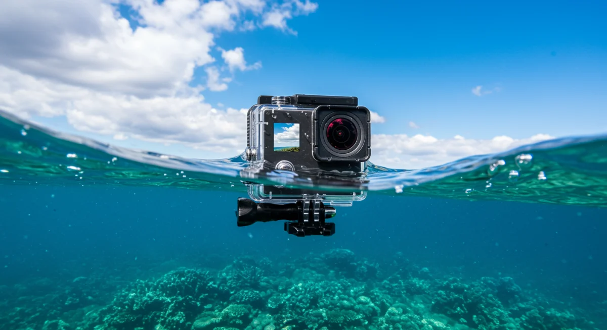 Action camera half-submerged in water capturing underwater and sky