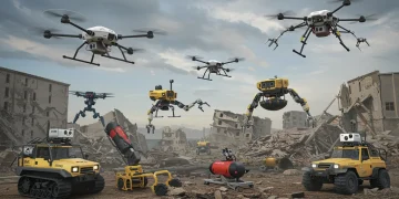 Advanced robotics deployed in disaster response, featuring drones, ground robots, and ROVs in a chaotic environment.