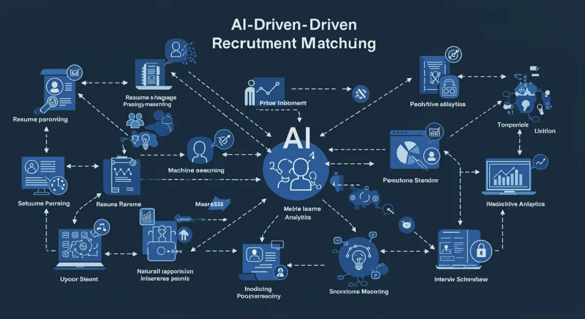 Infographic illustrating the AI-driven candidate matching process with various technological components.