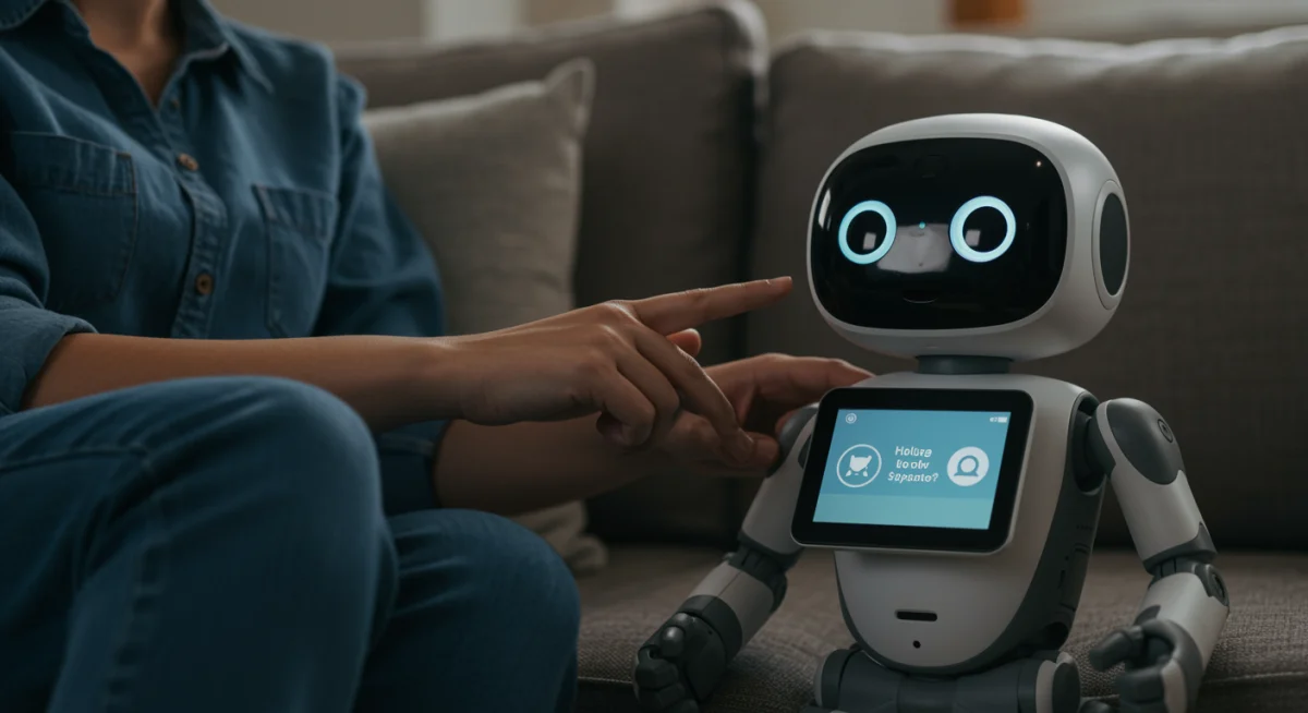 AI-powered companion robot interacting with user in a living room