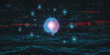 AI brain protecting a digital network, symbolizing advanced cybersecurity threat detection and reduced response times.