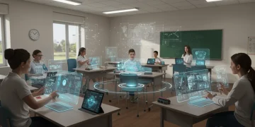 AI EdTech: Boosting Student Engagement 20% by 2025 Students engaged with AI EdTech platforms in a modern classroom