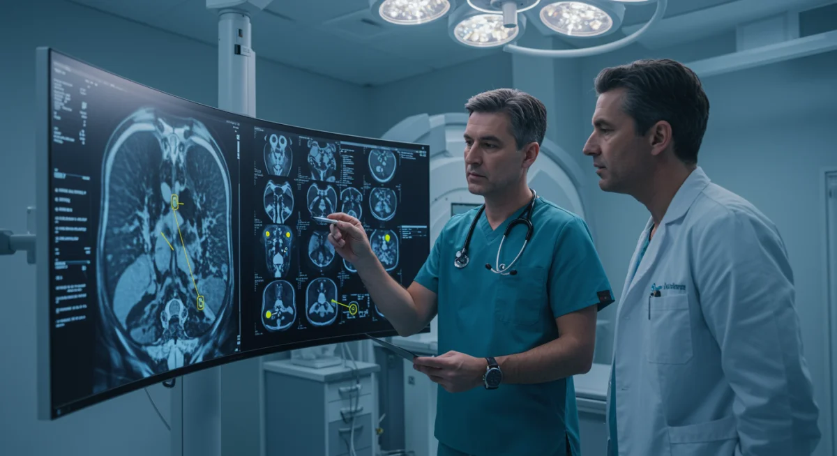 Physician reviewing AI-enhanced medical scan for diagnostic insights