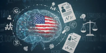 Digital illustration of AI brain with US flag and legal documents, representing AI ethics and US regulations in 2025.