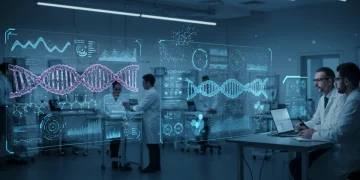 AI-Driven Research: Accelerating Drug Discovery by 30% with Genomic Analysis in 2025 AI-powered genomic analysis accelerating drug discovery in a futuristic lab.
