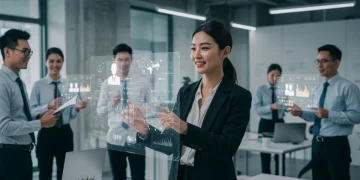 AI-powered recruitment system displaying candidate profiles on a holographic screen in a modern HR office.