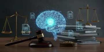 AI brain interacting with legal documents, symbolizing advanced legal tech and document review efficiency.