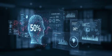 AI generating marketing copy on digital screens with efficiency metrics