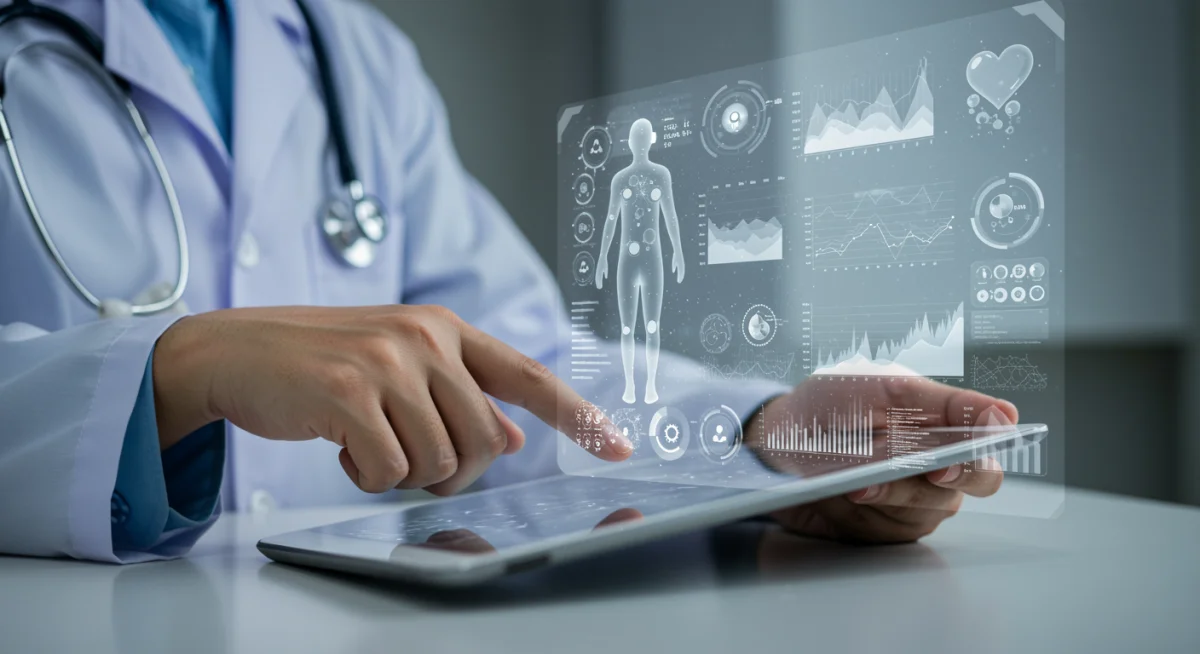 Doctor reviewing AI-generated diagnostic insights on a tablet.