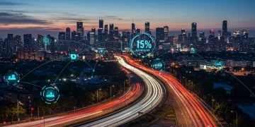 Futuristic cityscape with AI-optimized traffic flow, smart infrastructure, and glowing data lines.