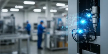 AI-Powered Predictive Maintenance: Preventing 20% Failures by 2025 Industrial machine with AI sensors for predictive maintenance, blue glow