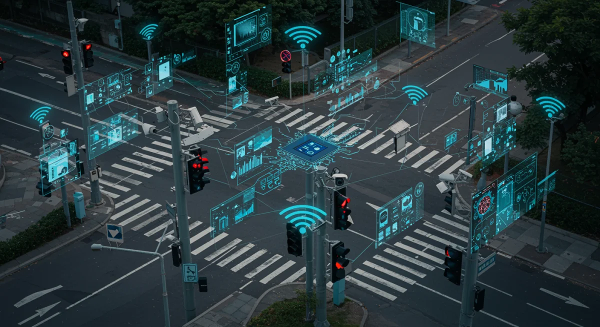 AI-powered traffic sensors and cameras at a city intersection for real-time monitoring.