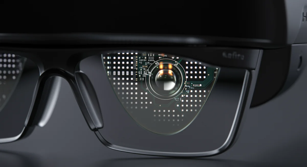 Close-up of augmented reality glasses lens showcasing micro-LED display technology
