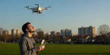 Beginner drone pilot launching a small drone, focusing on responsible operation and FAA compliance.