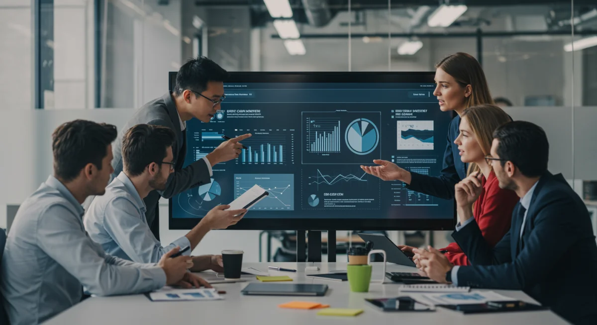 Business team analyzing data on an interactive ERP screen