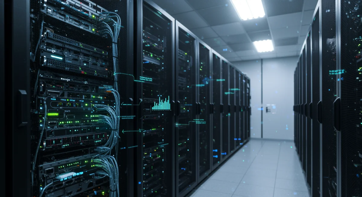 Server room with blinking lights, representing robust infrastructure for continuous integration.