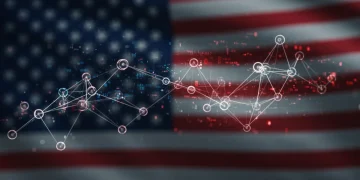 Decentralized AI network nodes with data streams and US flag elements