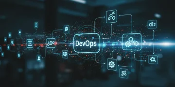 DevOps automation software pipeline with interconnected tools and processes for faster deployments.