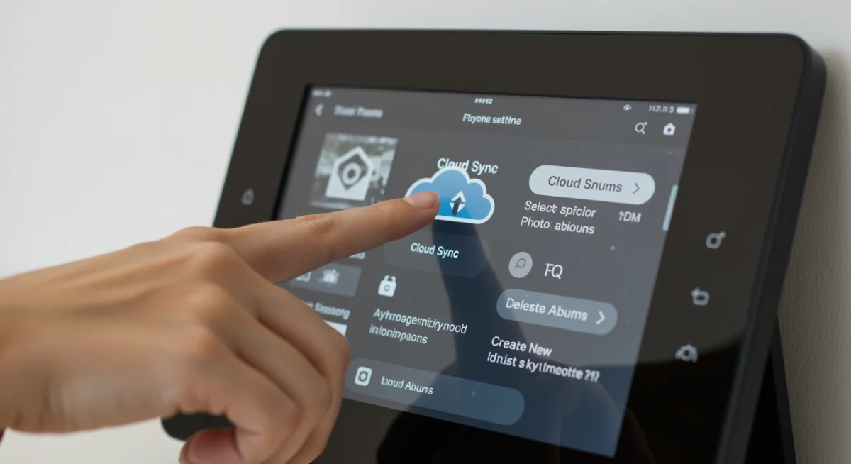 User managing cloud synchronization settings on a digital photo frame touchscreen
