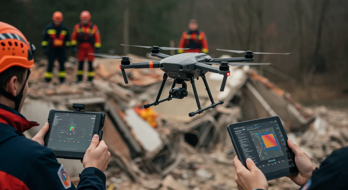 Specialized drone with thermal imaging assisting in urban search and rescue operations.