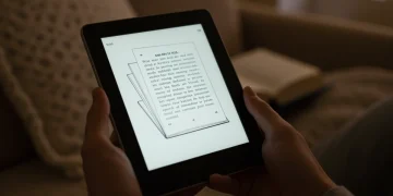 E-reader displaying a book on an E Ink screen, held in hands in a cozy setting.