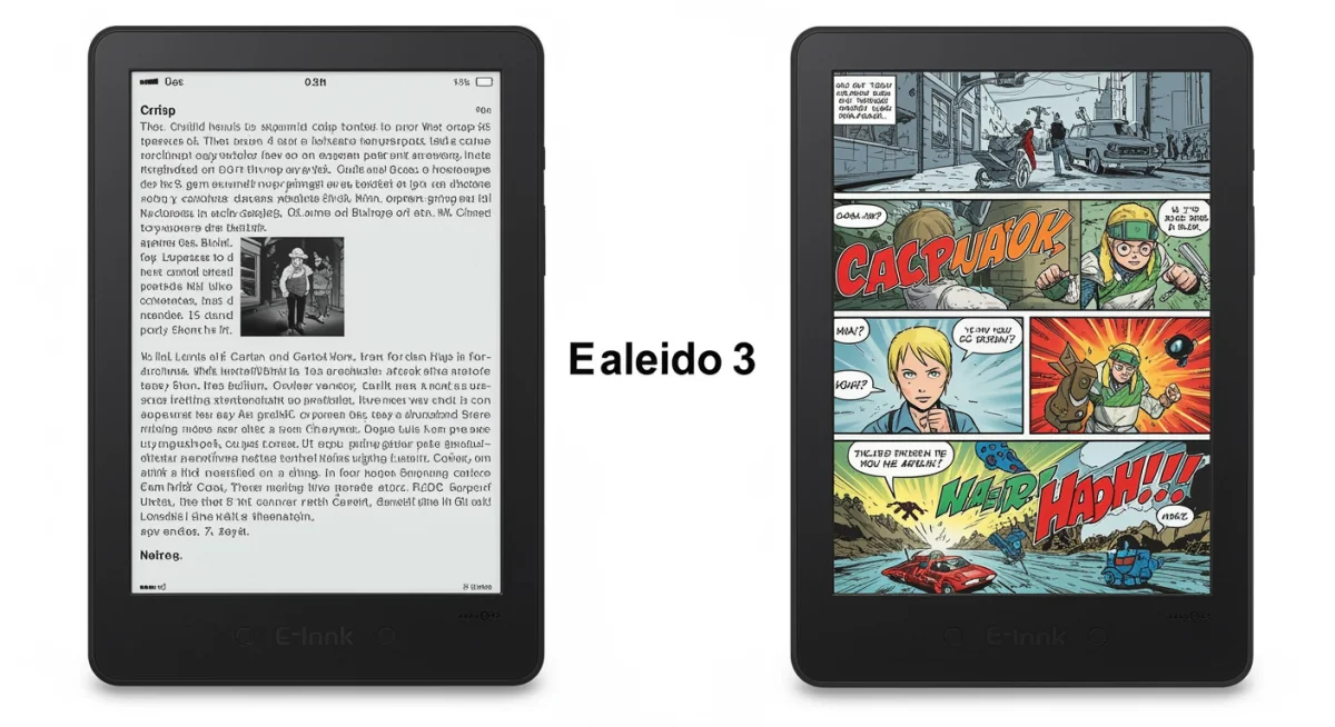 Comparison of E Ink Carta and Kaleido 3 e-reader screens showing text and color images.
