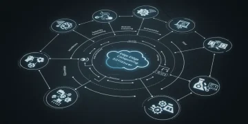 Illustration of edge computing network with data flow and device icons