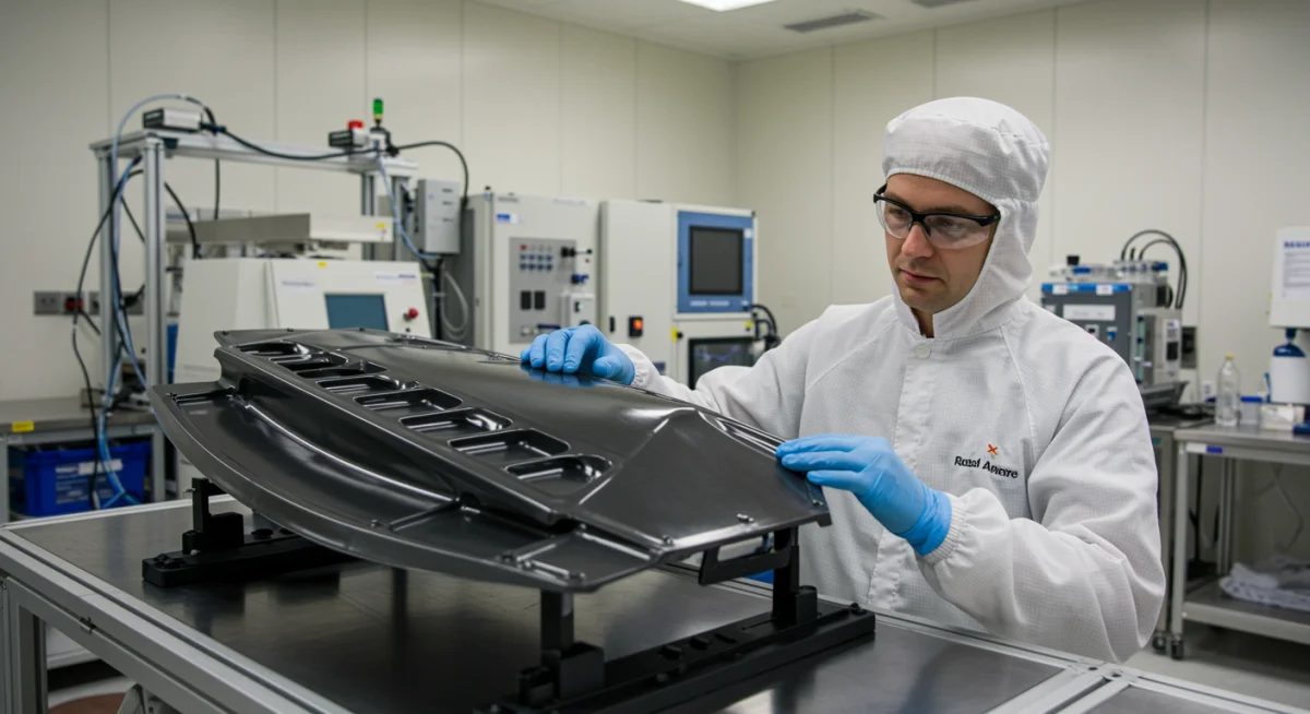 Engineer examining a self-healing composite aerospace component prototype in a cleanroom