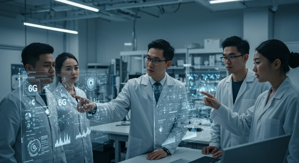 Engineers collaborating on 6G network development in a high-tech lab.
