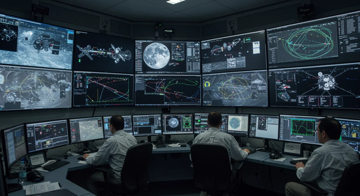 Engineers monitoring lunar mission controls in a high-tech operations center.