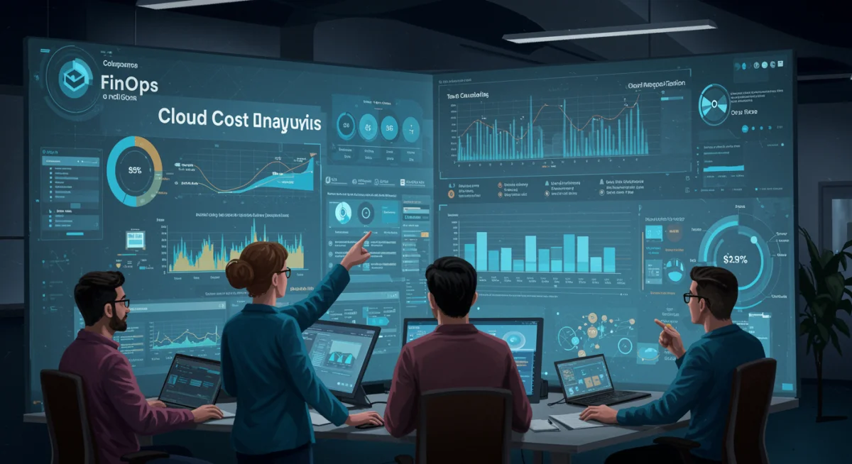 FinOps team collaborating on cloud cost optimization dashboard