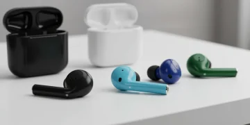Four modern wireless earbuds in black, white, blue, and green, neatly arranged on a white surface.