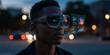 Sleek augmented reality glasses displaying holographic information in a modern urban setting