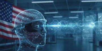 Futuristic BCI headset connecting brain to digital display, symbolizing US neurotechnology advancements.