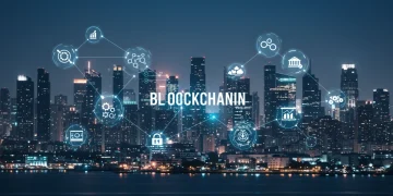 Futuristic digital cityscape with blockchain network and business application icons