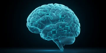 Futuristic brain with circuits, representing neuromorphic computing