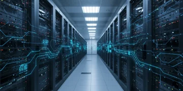 Edge AI Deployment: US Latency Optimization Strategies 2025 Futuristic data center with glowing lines representing fast Edge AI processing in the US