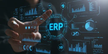 ERP Software: 3 Critical Upgrades for 2025 Operational Efficiency Futuristic ERP dashboard with AI analytics and cloud integration