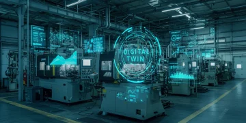 Digital Twins: US Sectors Boosting Efficiency by 20% in 2025 Futuristic factory floor with digital twin projections optimizing machinery operations.
