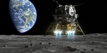 Futuristic lunar lander approaching the Moon with Earth in the distance, symbolizing private space exploration.