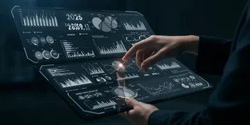 Futuristic dashboard showing predictive analytics for 2025 business trends.