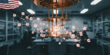 Futuristic quantum computing network with glowing qubits