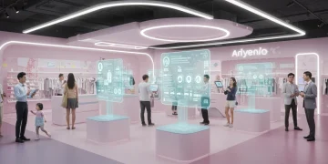 Futuristic retail store with AI personalized recommendations