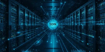 Futuristic data center with glowing network lines signifying SDN control and enhanced agility.