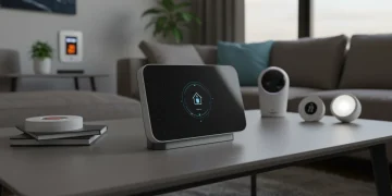 Futuristic smart home hub on coffee table in modern living room