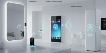 Futuristic smart home with integrated voice assistant devices