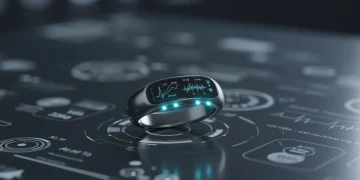 Futuristic smart ring displaying health data on a digital interface