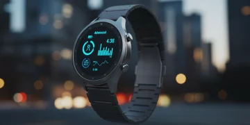 Futuristic smartwatch displaying health data in a US city setting