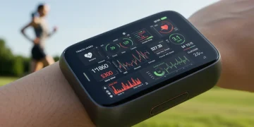 Futuristic wearable health device displaying advanced biometric data